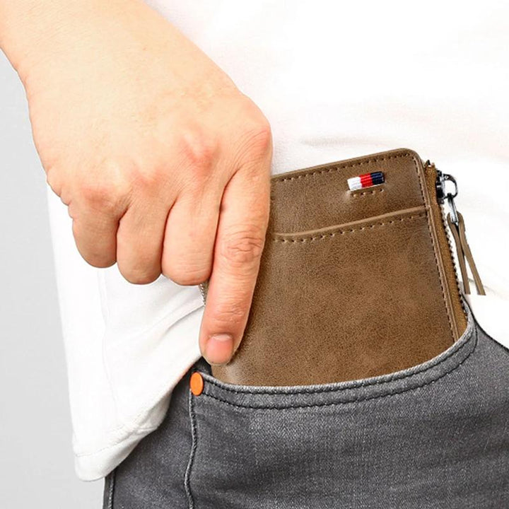 Women's compact PU leather RFID blocking wallet in black, protecting cards.
