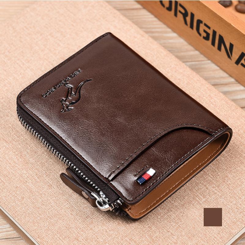 Open compact women's PU leather wallet, showcasing card slots and RFID security.