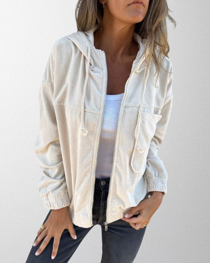 Women's corduroy hooded zip-up jacket in a casual style, perfect for fall fashion outerwear.