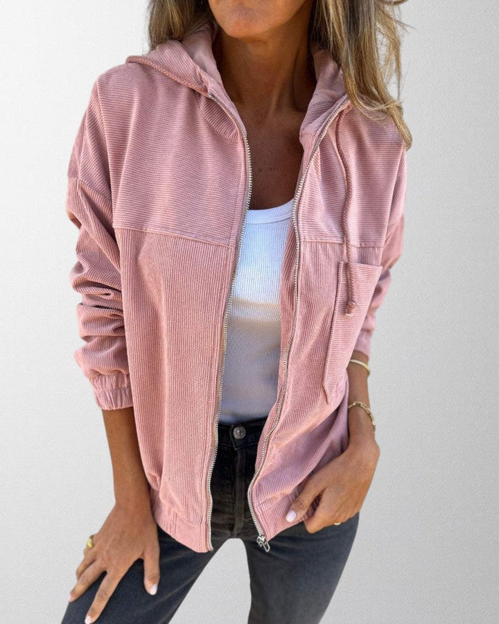 Full view of a women's casual corduroy hooded jacket, a stylish and comfortable outerwear piece.