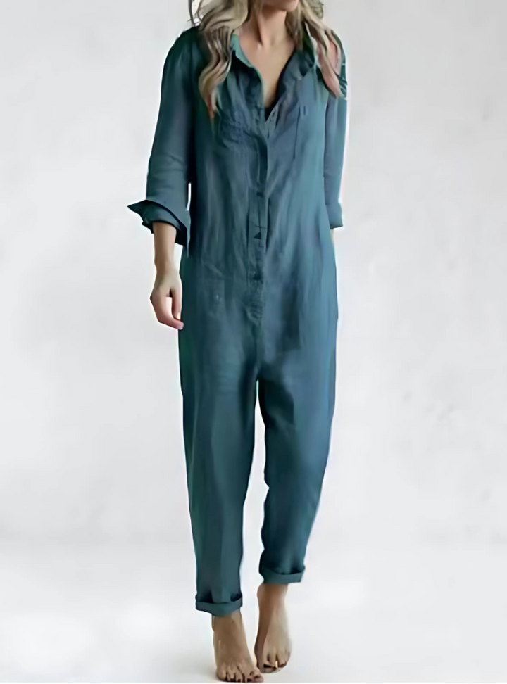 Elegant women's cotton-linen blend jumpsuit with button detail, ankle length, new for summer