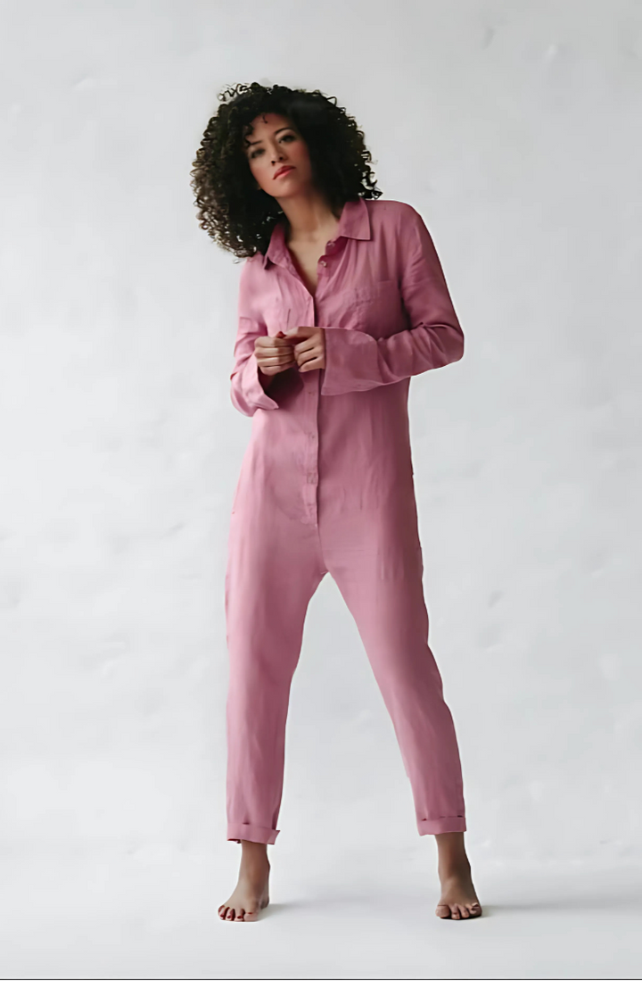 Casual women's cotton-linen jumpsuit, ankle length with stylish button accents, comfortable summer wear