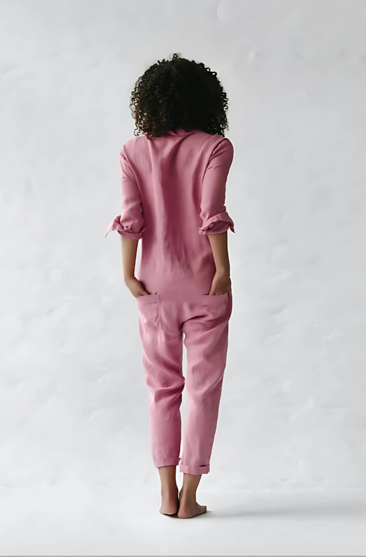 Cotton-linen blend ankle jumpsuit for women, featuring a relaxed fit and elegant design, new arrival