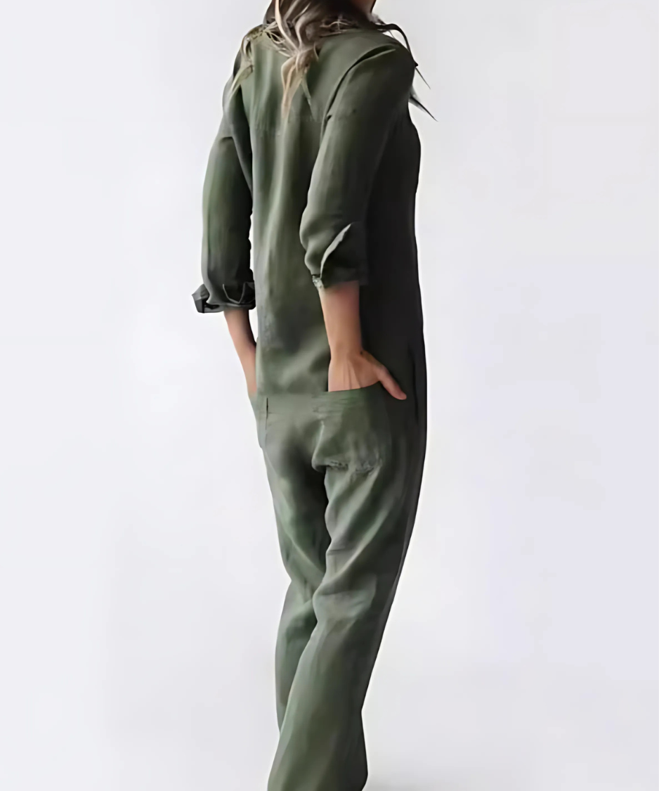 Summer fashion women's jumpsuit, ankle length, made from soft cotton linen with subtle button detail