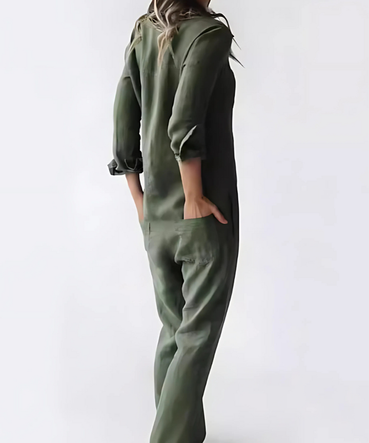Summer fashion women's jumpsuit, ankle length, made from soft cotton linen with subtle button detail