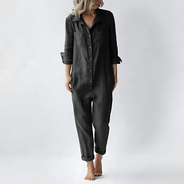 Stylish new women's ankle jumpsuit in cotton-linen blend, with button detail for an elegant look