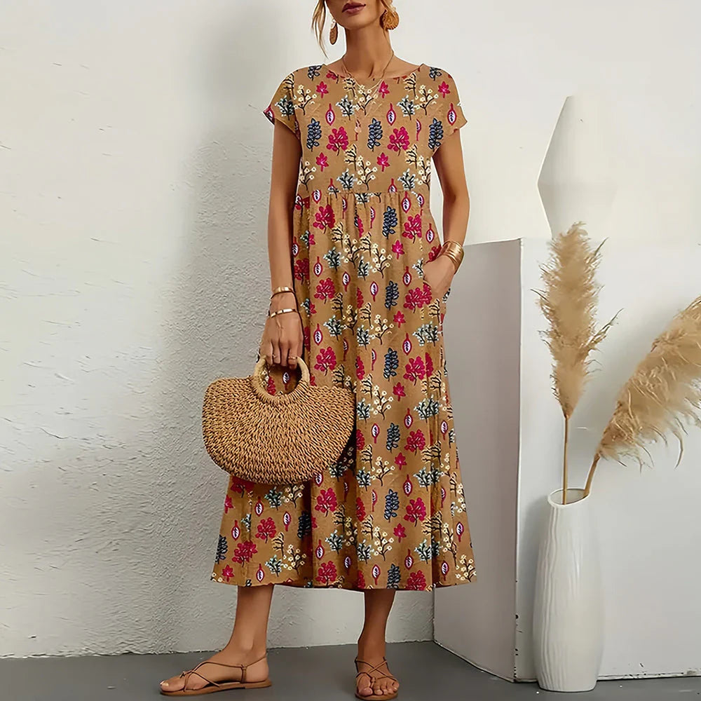 Women's cotton linen blend midi dress in a relaxed fit for summer casual wear