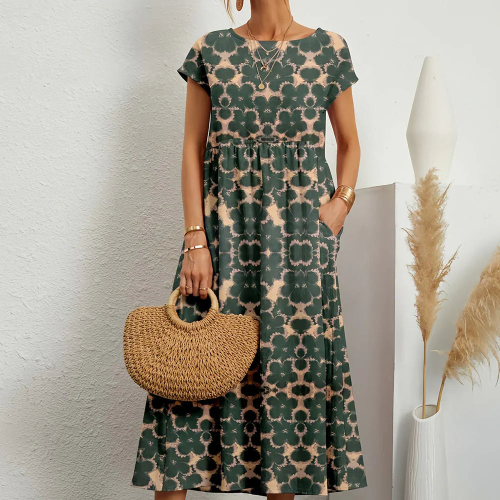 Breathable cap sleeve midi dress in a natural cotton linen blend for women's everyday wear