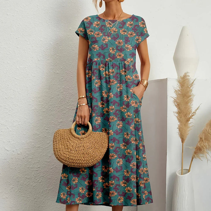 Casual women's midi dress made from a light cotton linen blend, perfect for summer