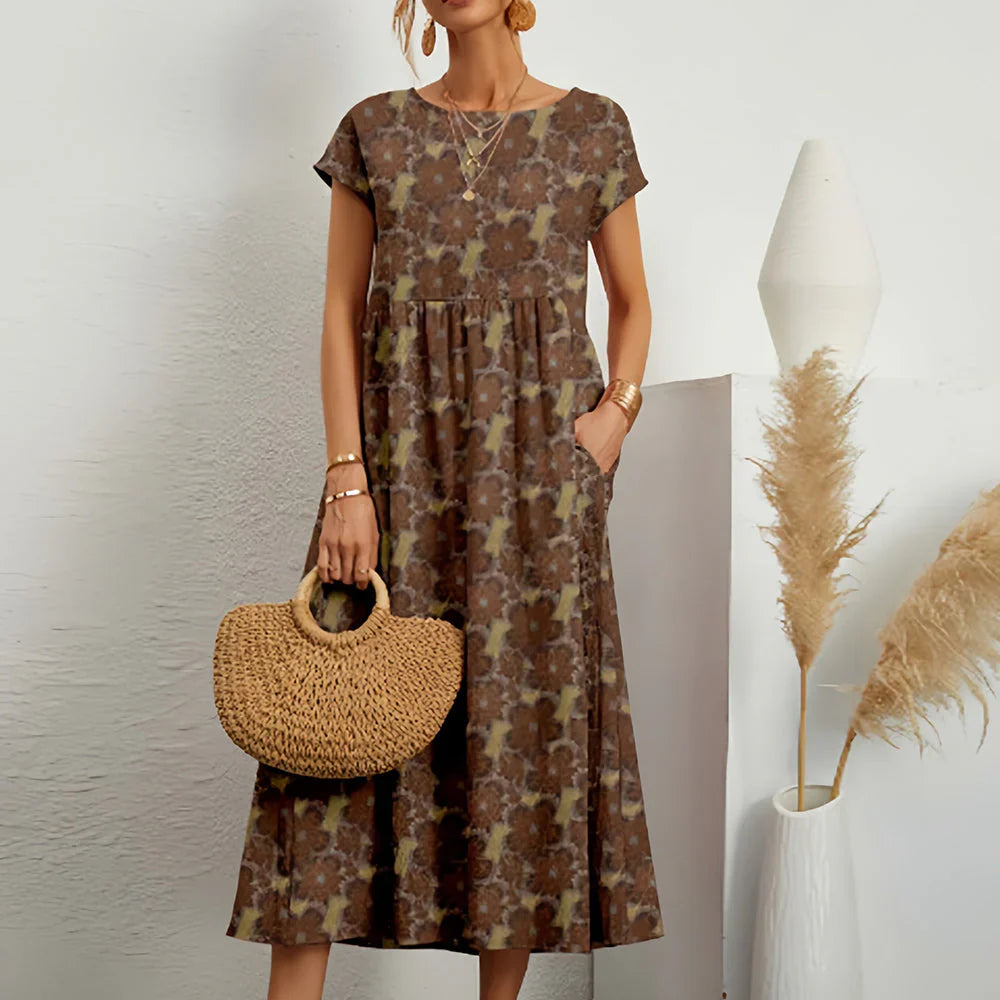 Relaxed fit women's midi dress with cap sleeves in breathable cotton linen fabric