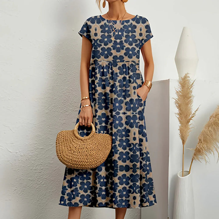 Front view of a women's breathable cotton linen blend midi dress, ideal for summer
