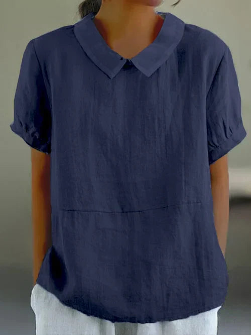 Loose fit solid color women's blouse, ideal for summer fashion and everyday wear in natural cotton linen.