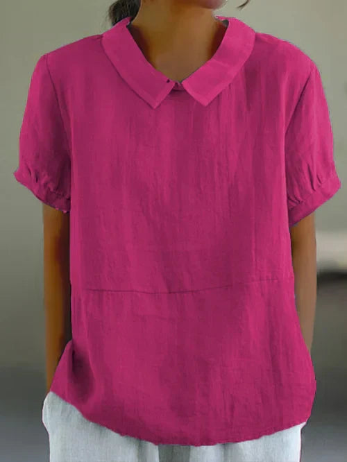 An everyday style women's cotton linen blend blouse, a solid color loose fit top for summer comfort.