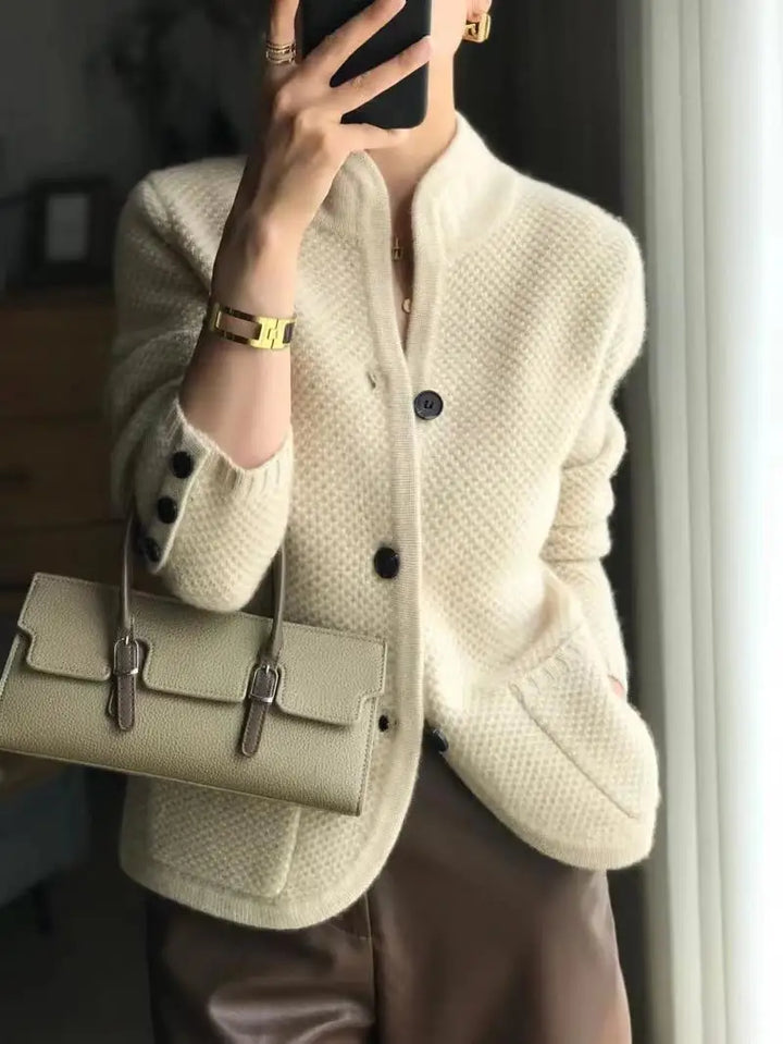 Full view of a women's relaxed fit button front knit cardigan, a winter wardrobe essential.