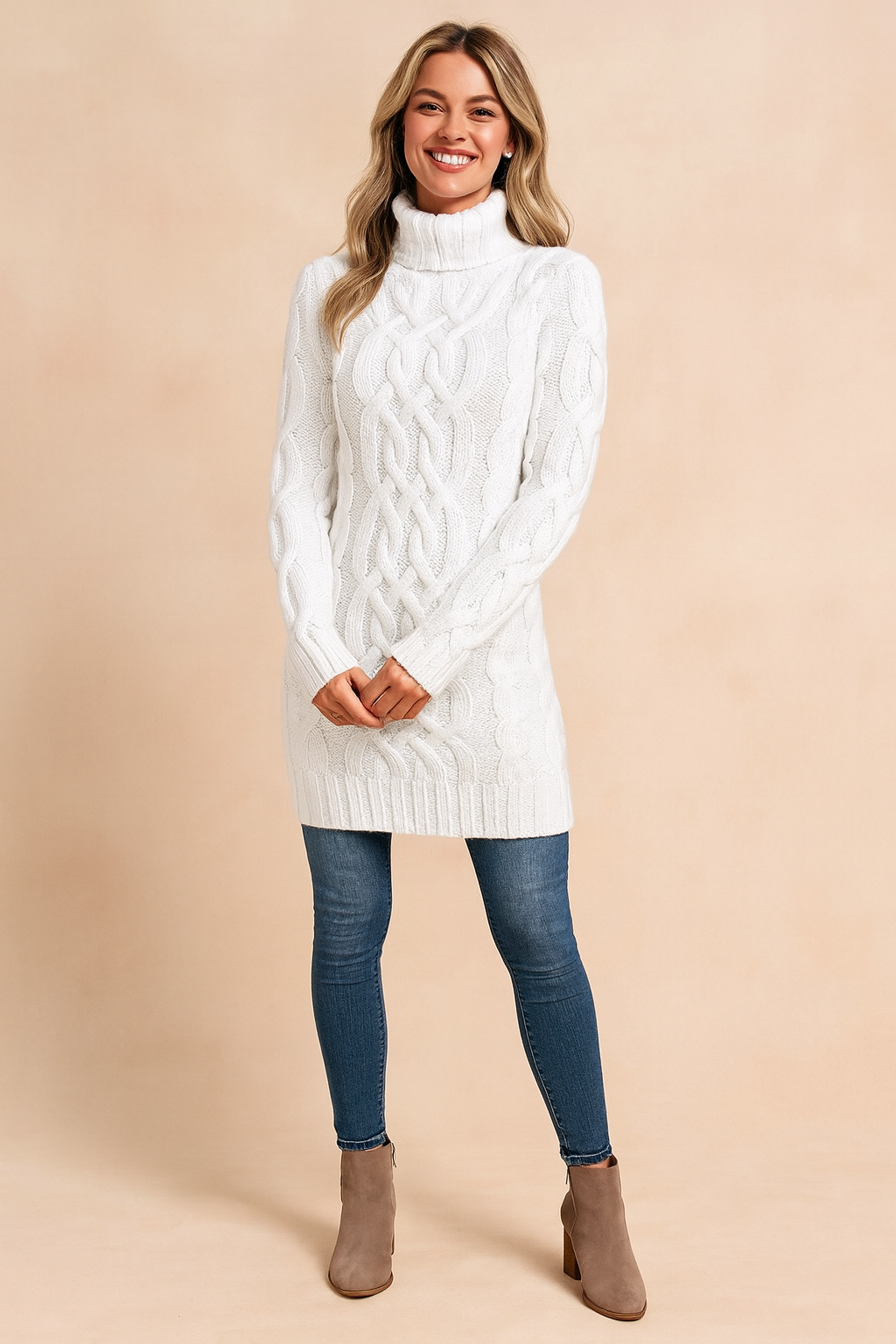 Women's cozy cable-knit turtleneck sweater dress, stylish & warm winter pullover.