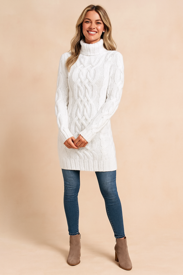Women's cozy cable-knit turtleneck sweater dress, stylish & warm winter pullover.