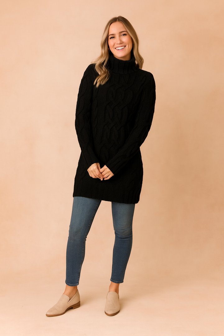 Elegant women's long-sleeve cable-knit turtleneck sweater dress for winter comfort.