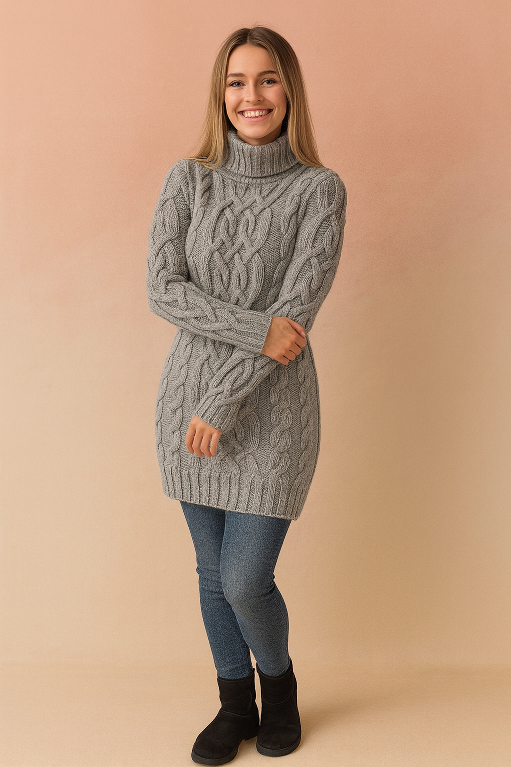 Versatile women's warm cable-knit turtleneck sweater dress, perfect for cozy styling.