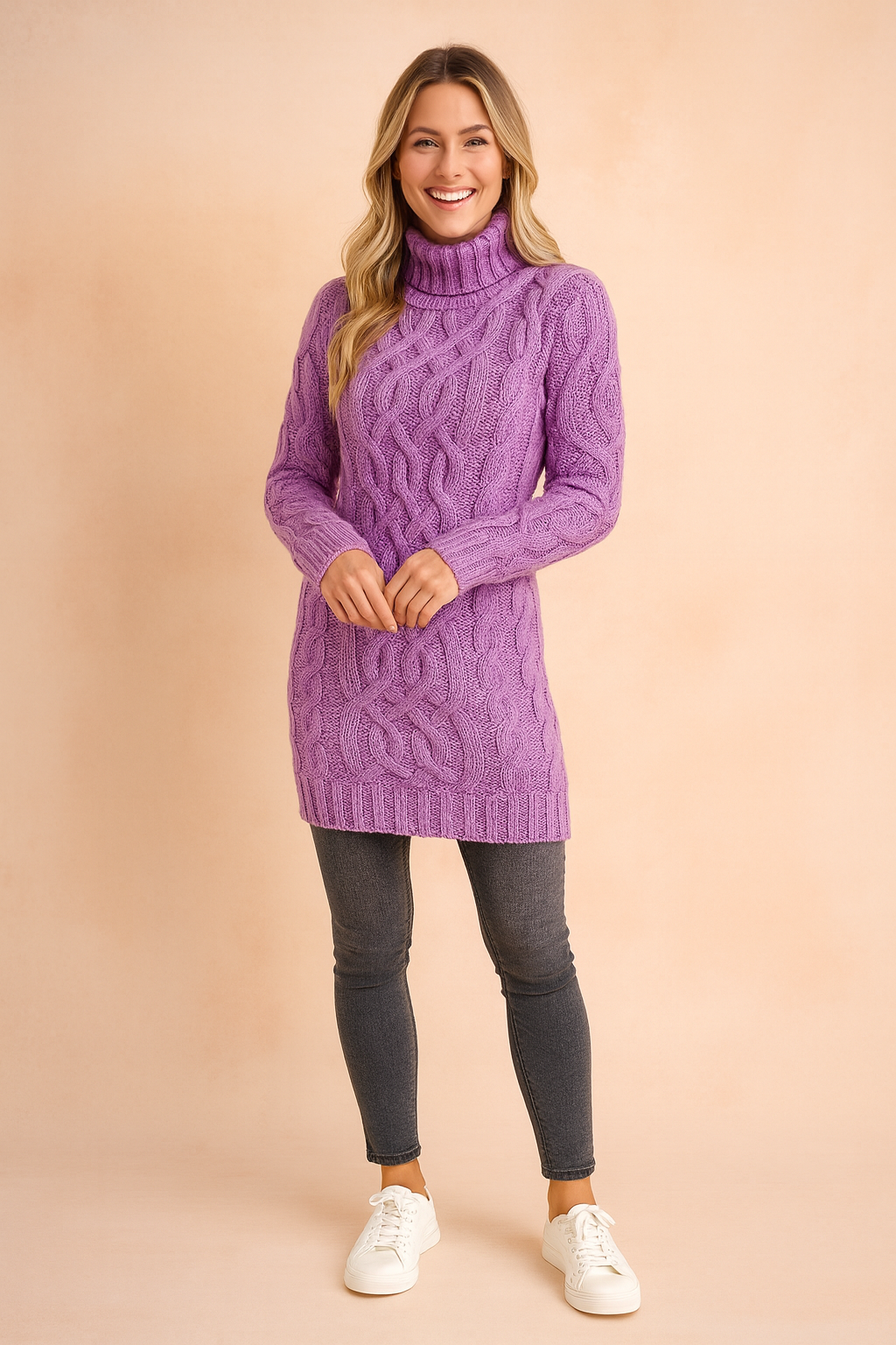 Comfortable women's cable-knit turtleneck sweater dress, ideal long-sleeve winter outfit.