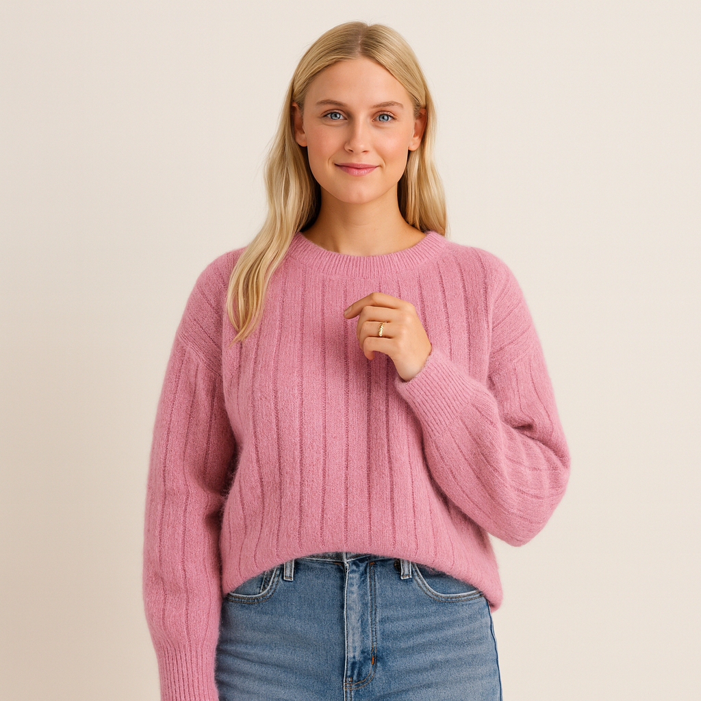 Women's cozy cream knit pullover sweater, perfect for winter casual fashion and warmth.