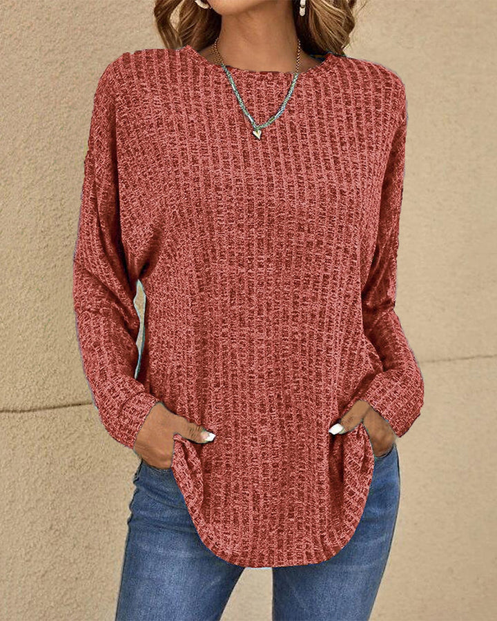 Basic women's crew neck long sleeve top in a cozy knit, essential for easy everyday wear & layering.