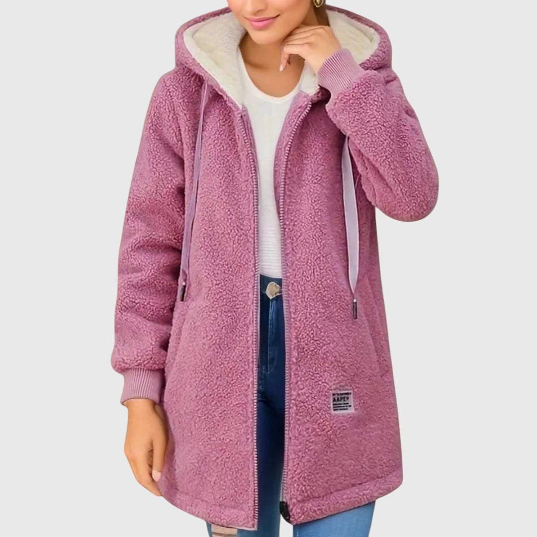 Front view of a women's hooded fleece jacket with full zip, ideal outerwear for chilly days.