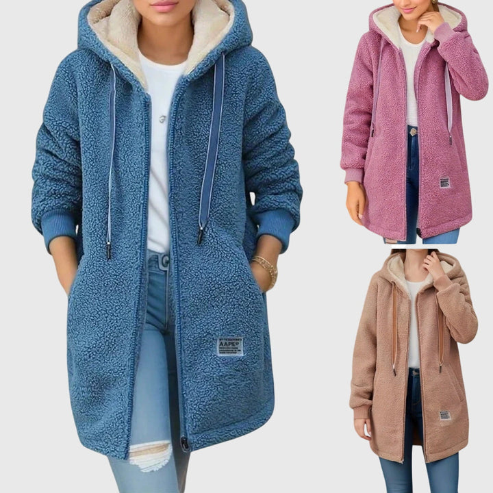 Stylish women's zip-up fleece jacket, a cozy and versatile addition to winter casual wear.