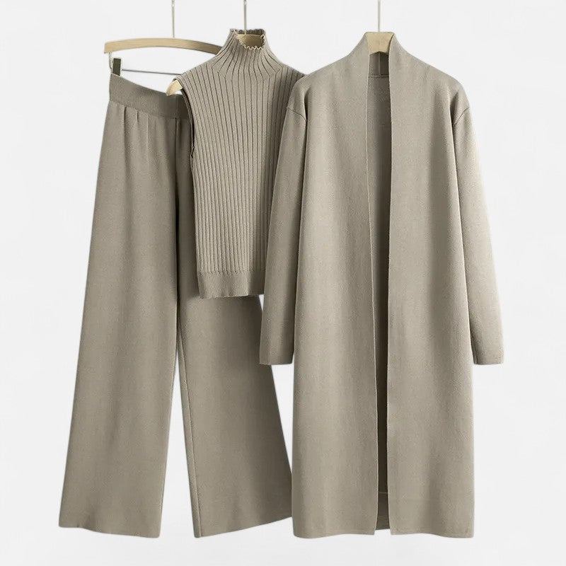Women's cozy knit 3-piece set: vest, long cardigan & wide-leg trousers. Autumn/winter comfort.