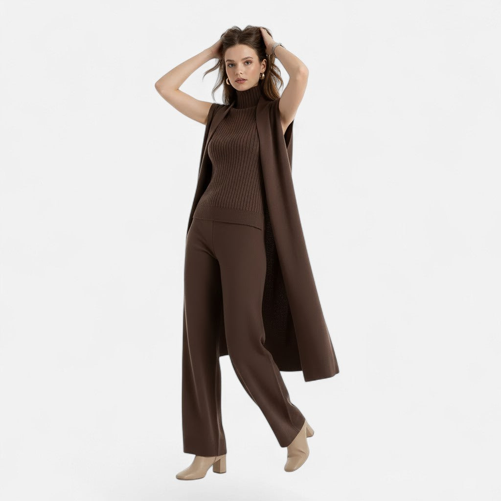 Sophisticated women's knit set: sleek vest, flowing cardigan & elegant wide-leg trousers. Day to night wear.
