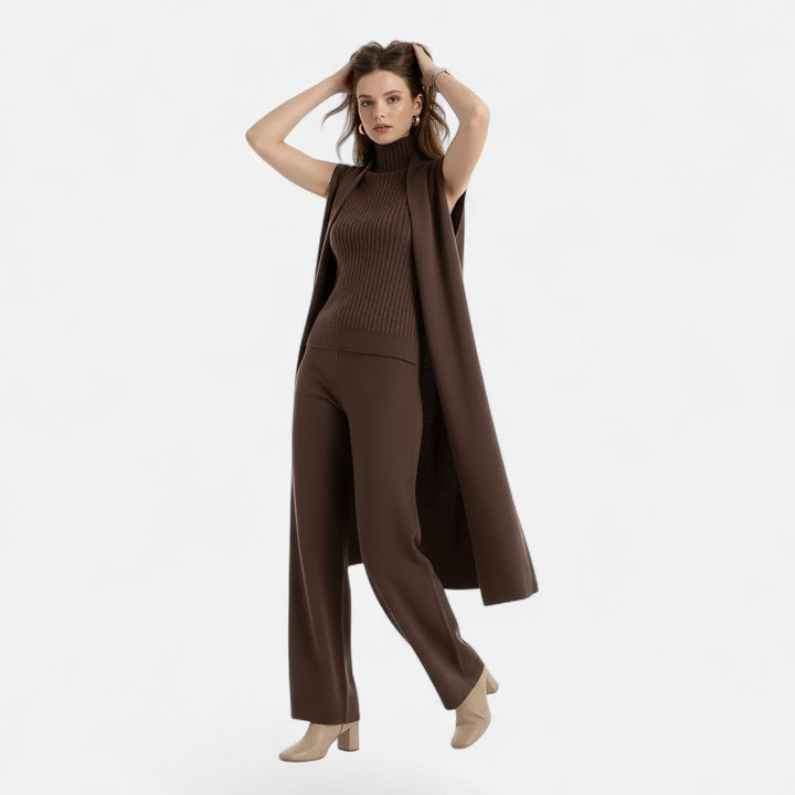 Sophisticated women's knit set: sleek vest, flowing cardigan & elegant wide-leg trousers. Day to night wear.