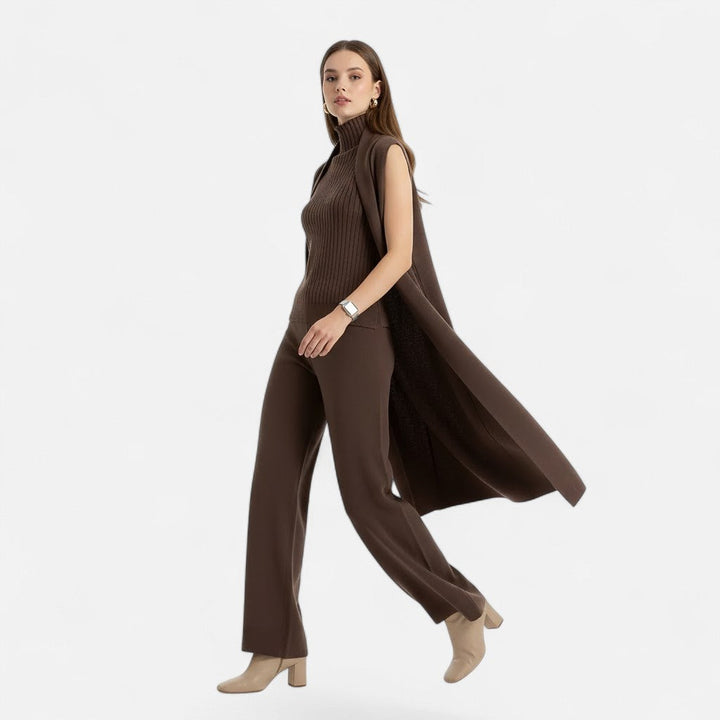Women's warm knit set: ribbed vest, oversized cardigan & comfortable wide-leg pants. Winter chic.