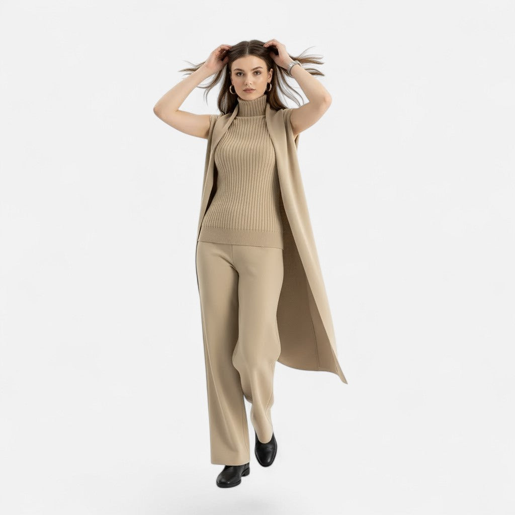 Women's fashionable knit set: vest, drape cardigan & comfortable wide-leg trousers. Perfect for layering.