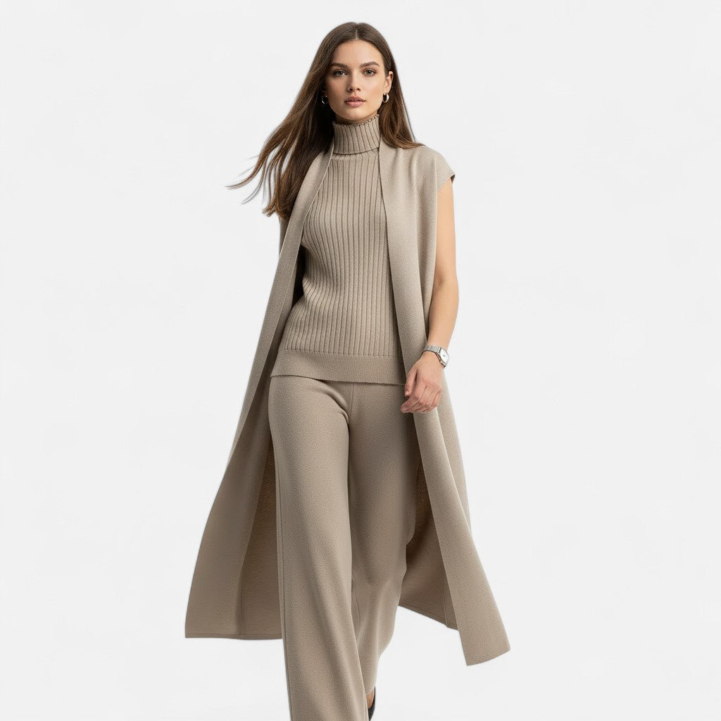 Chic women's knitwear set: vest, open cardigan & comfy wide-leg trousers. Versatile autumn style.