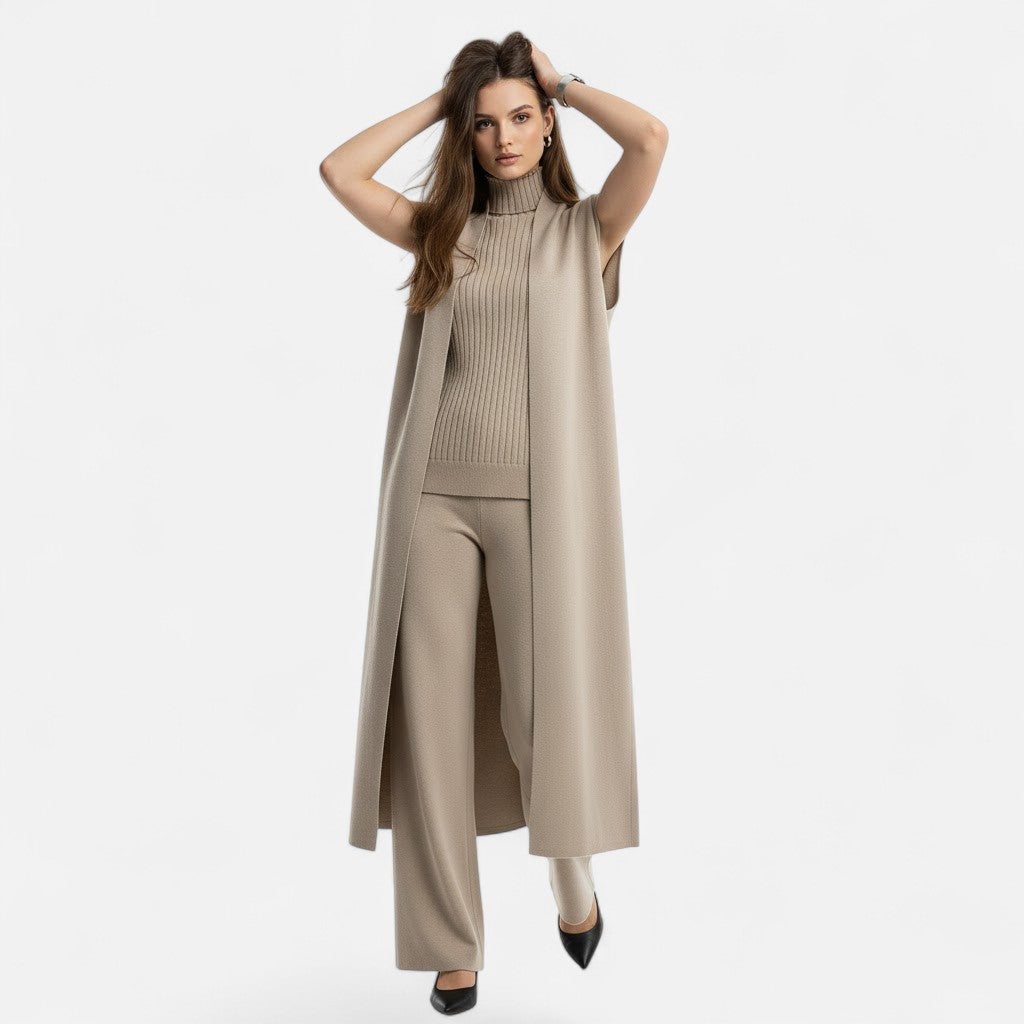 Elegant women's knit three-piece: warm vest, soft cardigan & stylish wide-leg trousers. Winter fashion.