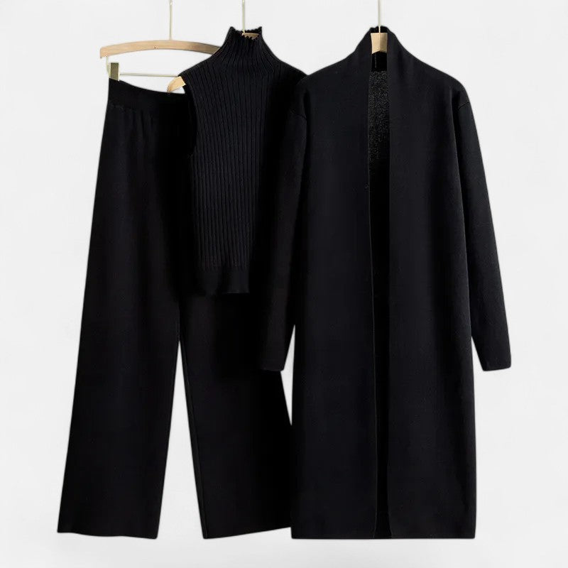 Comfortable women's knit set with a sleeveless vest, long sleeve cardigan & flattering wide-leg pants.