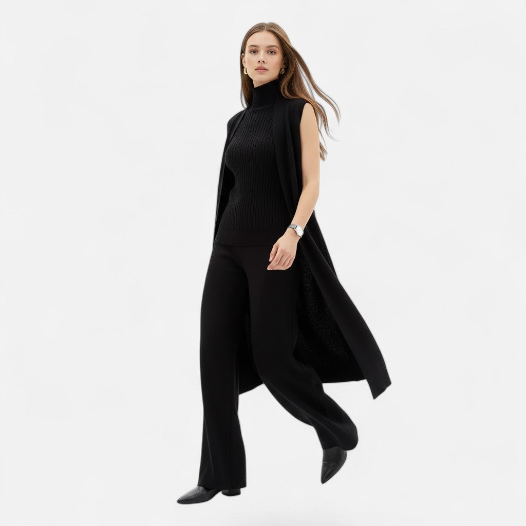 Versatile women's autumn knit set: essential vest, cozy cardigan & fashionable wide-leg trousers.