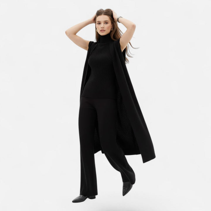 Stylish women's knit 3-piece outfit: vest, wrap cardigan & flowing wide-leg trousers. Perfect for chilly days.