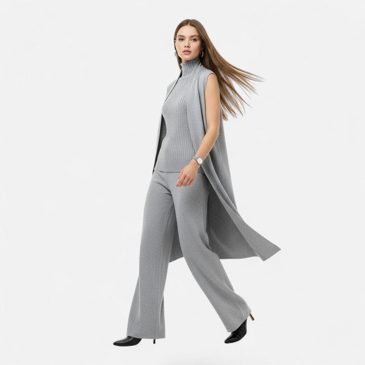 Women's versatile knit outfit: tank vest, open front cardigan & comfy wide-leg pants. Autumn fashion staple.