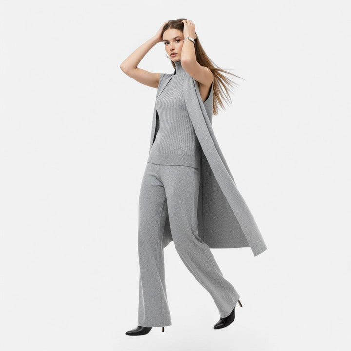 Cozy women's knit three-piece set: relaxed fit vest, cardigan & wide-leg trousers for ultimate comfort.
