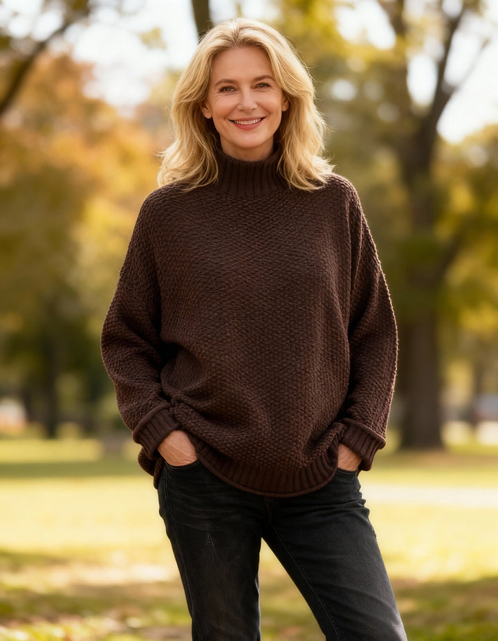 Women's cozy knit round neck long sleeve sweater in relaxed fit, perfect for fall fashion.
