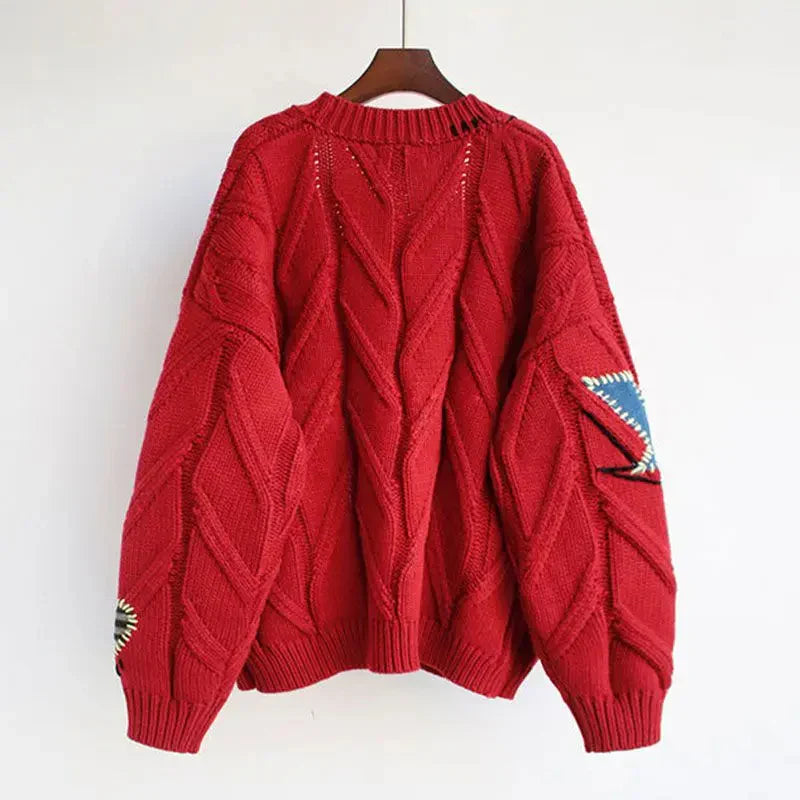 Relaxed fit V-neck knit cardigan for women, detailed with beautiful patchwork and embroidery.