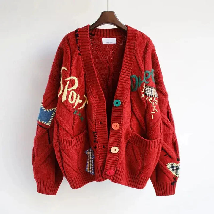 Autumn women's cardigan, soft knit with V-neckline and unique patchwork embroidery design.