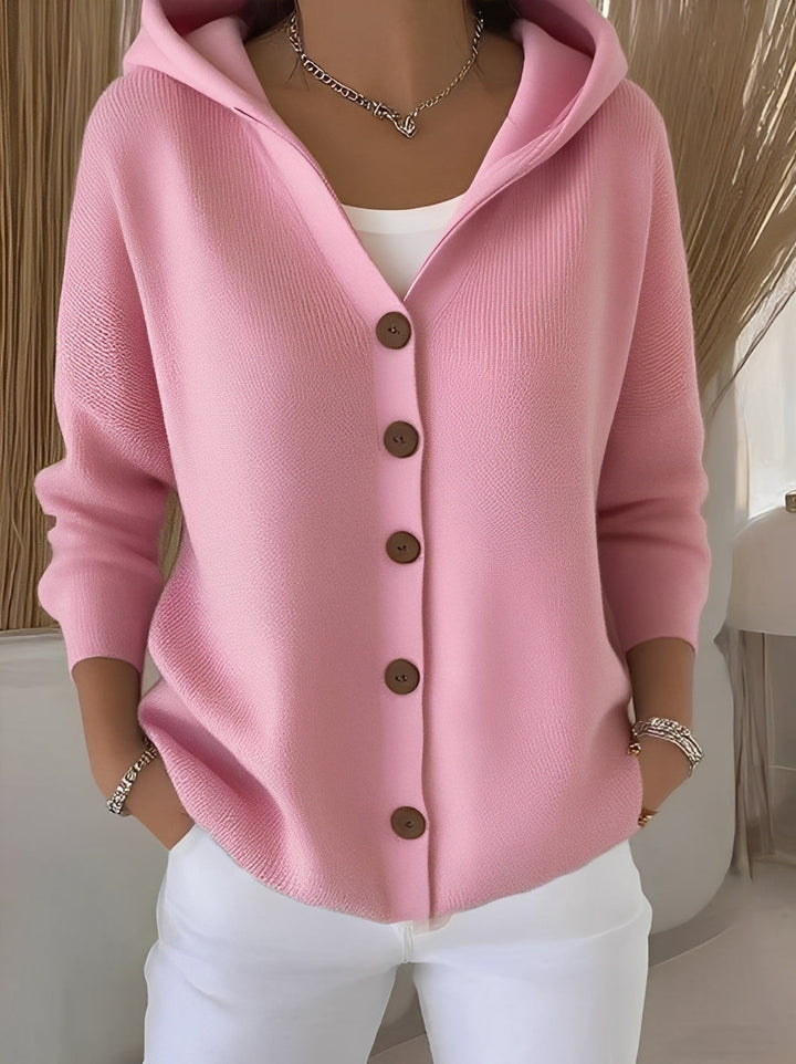 Women's cozy knitted hooded cardigan with buttons for stylish casual comfort.