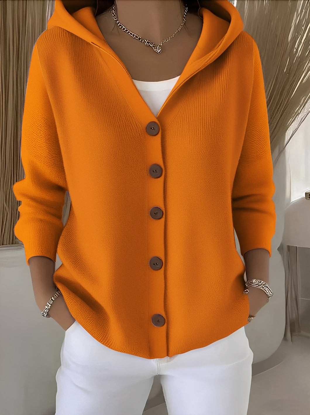 Versatile women's hooded cardigan with buttons, ideal for casual layering in spring, autumn, winter.