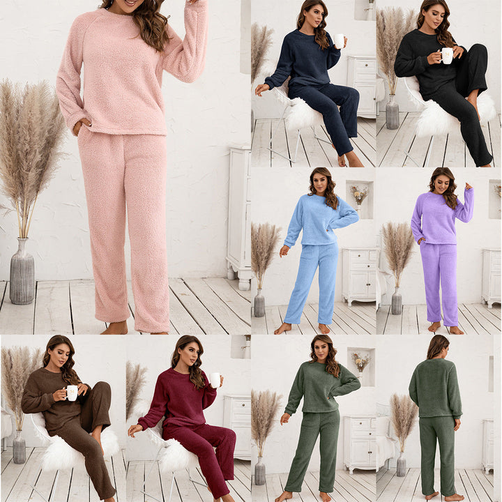 Women's cozy long sleeve pajama set with comfortable pants, ideal for relaxing home attire.
