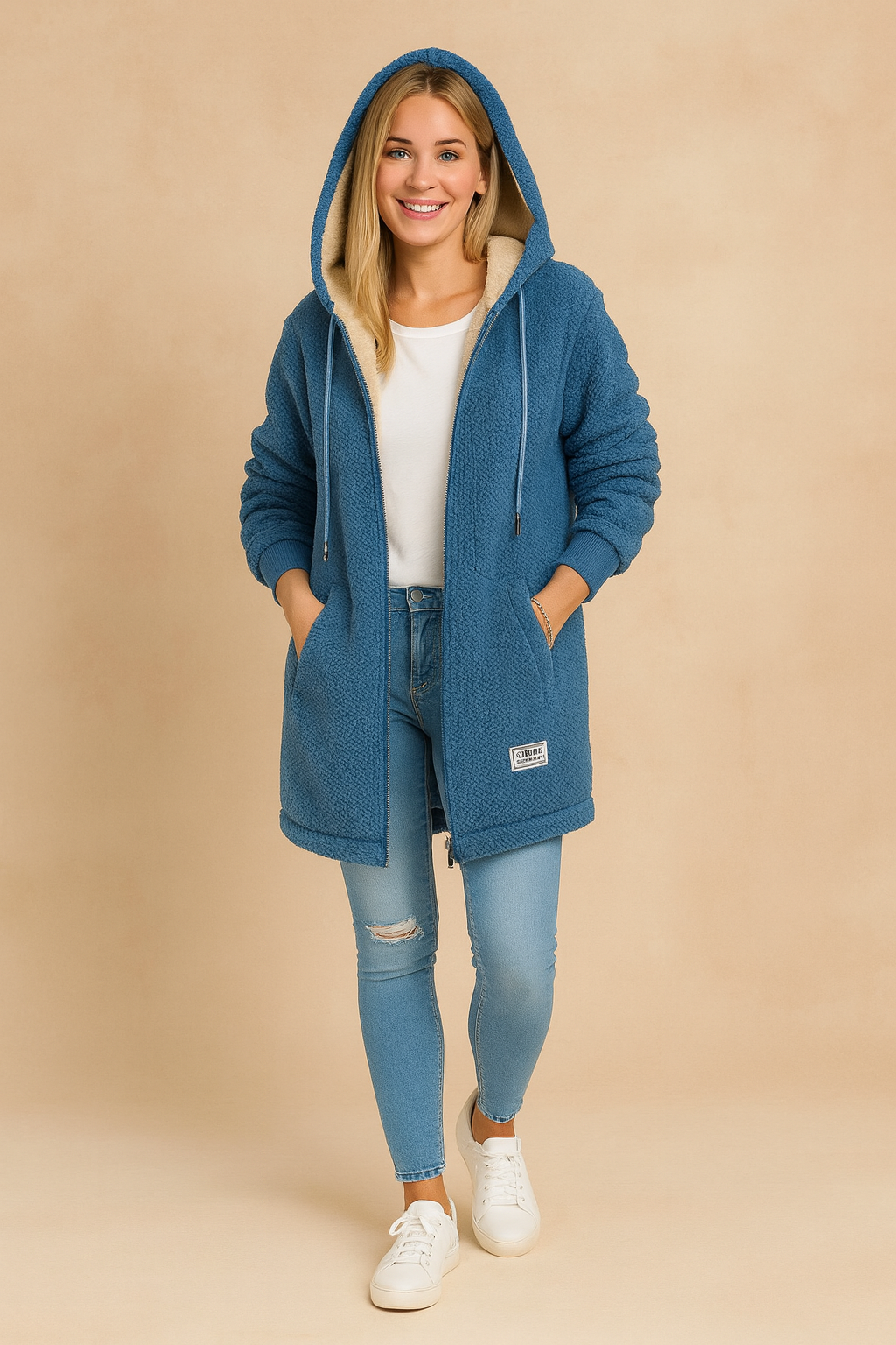 Women's cozy long winter jacket with hood, ideal for warmth and style in cold weather conditions.