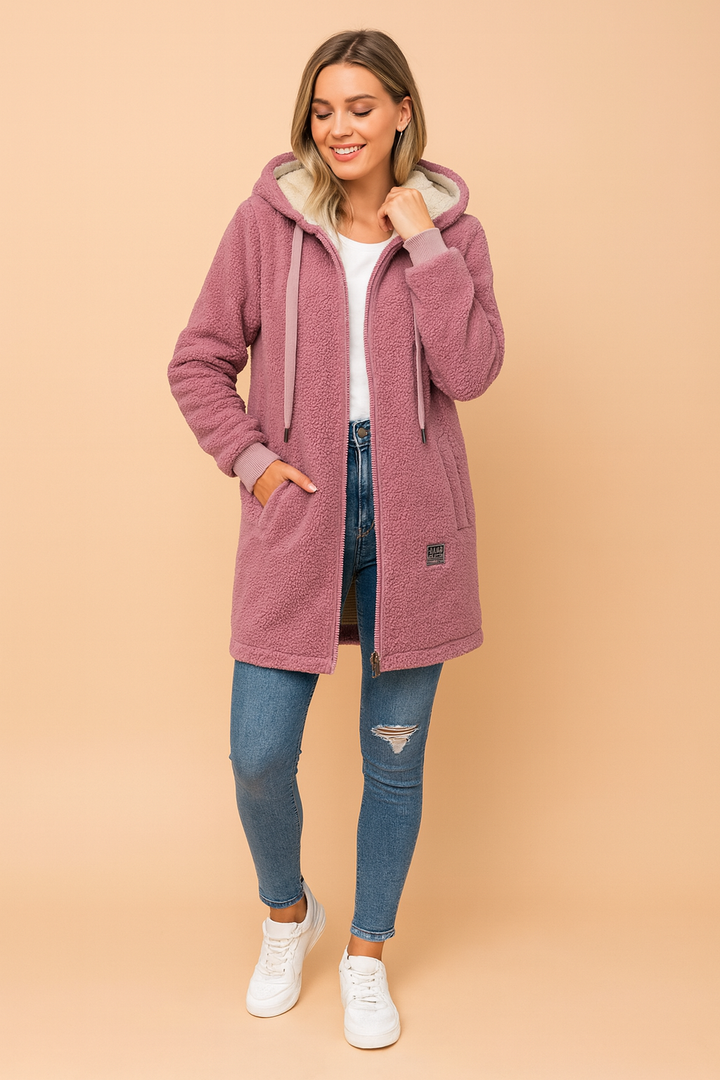 Stylish women's hooded long winter coat in a warm fabric, perfect for modern cold weather fashion.