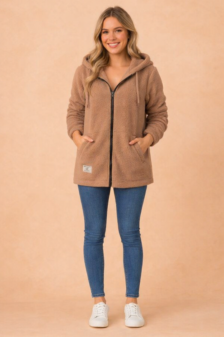 Fashionable women's long winter jacket with a hood, a warm and cozy outerwear for chilly days.