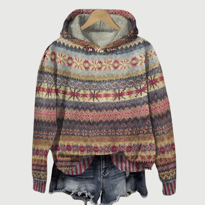 Women's cozy Norwegian style knit sweater with traditional pattern, long sleeves, perfect for winter warmth.