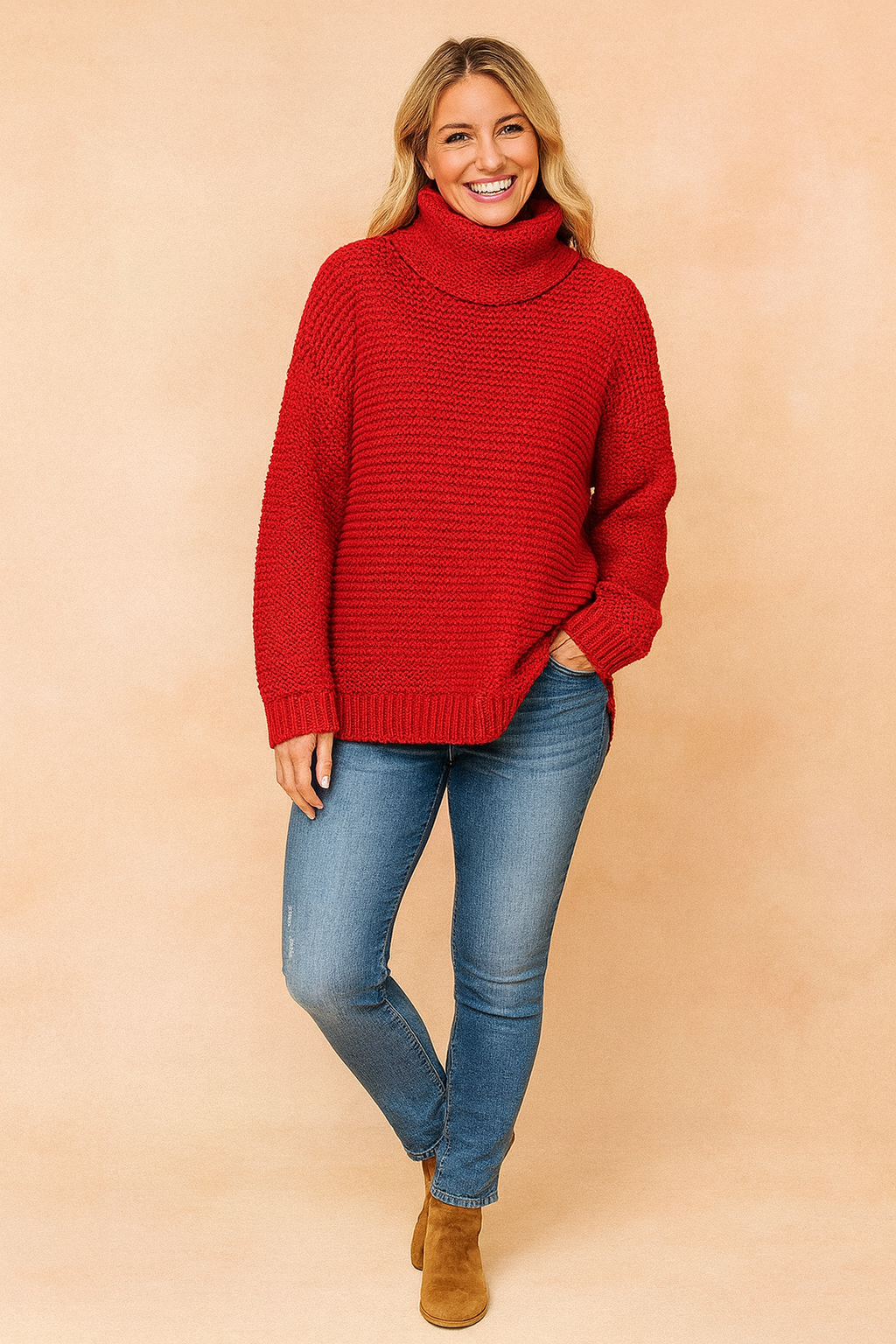 Soft knit women's oversized turtleneck sweater, perfect for cozy winter fashion & everyday comfort.